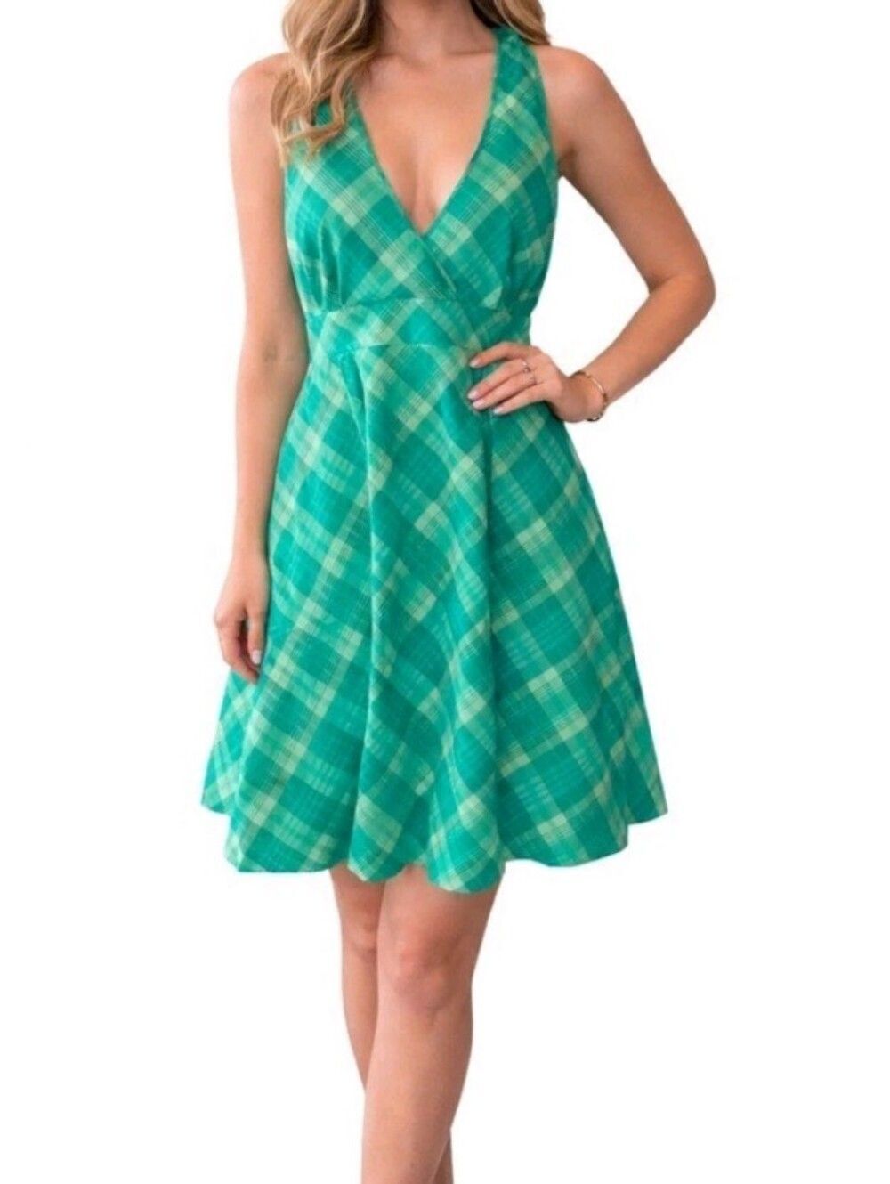 Vineyard Vines Kelly Green Plaid Halter Flare Dress Size 4 Lined Pockets
